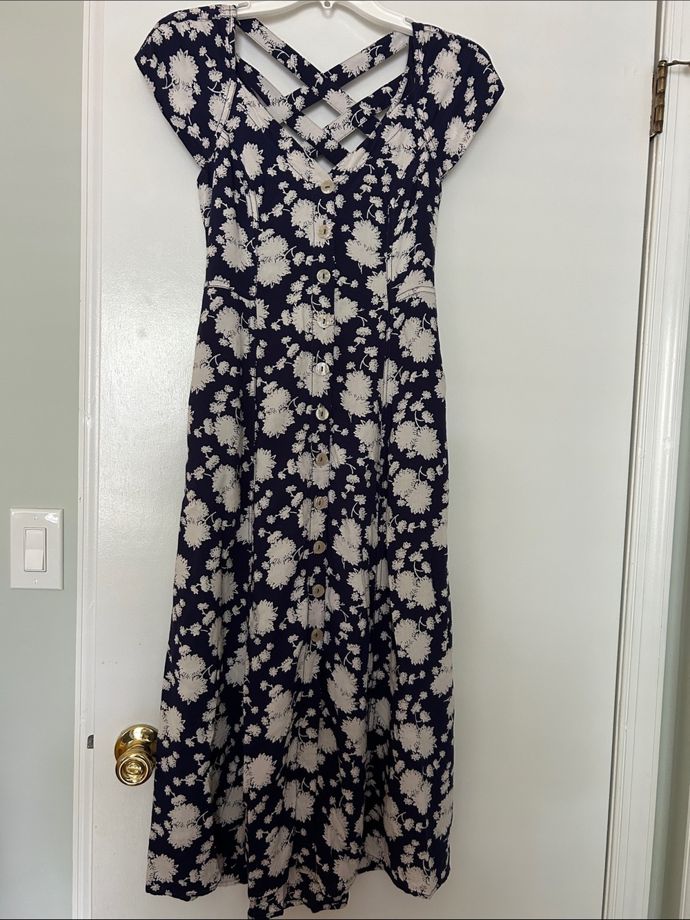 Anthropologie Navy and Cream Floral Button-Front Maxi Dress